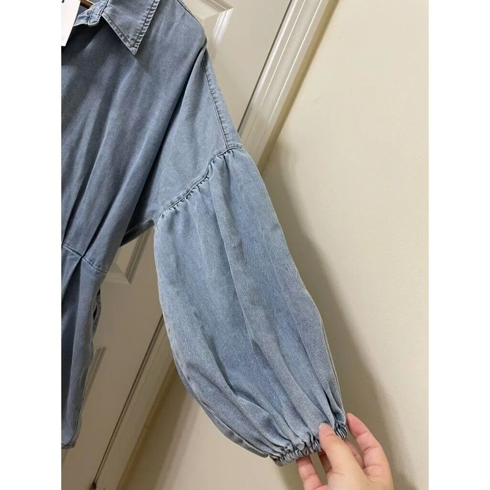 NWT Mable Denim Balloon Sleeve Rompe Sz L Tie Waist Shorts Cotton Boho Western Blue Size L - Image 5