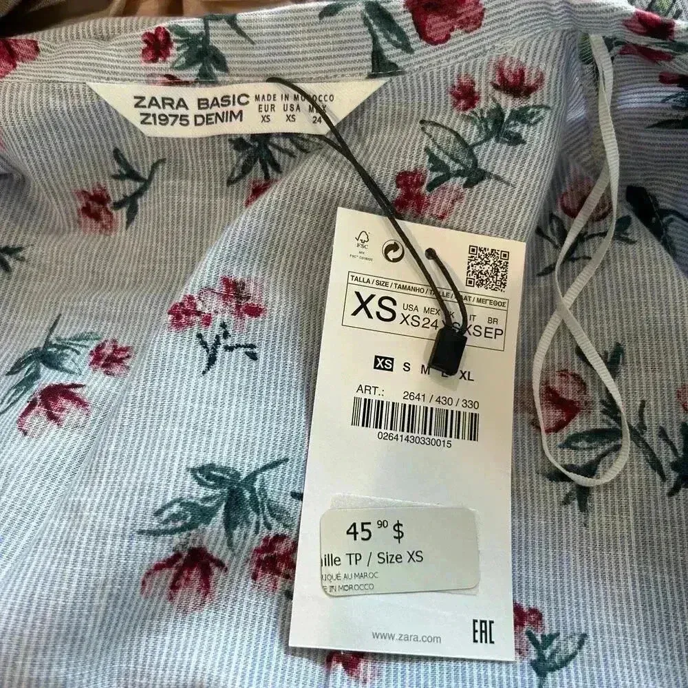 NWT Zara Blue & Red Floral Linen & Cotton Blend Wrap Blouse Top Size XS - Image 5