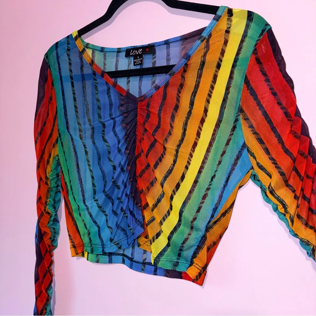 Love Mesh Sheer Rainbow Striped Crop Top Women L Festival Rave Maximalist Cinch Red Size L - Image 2