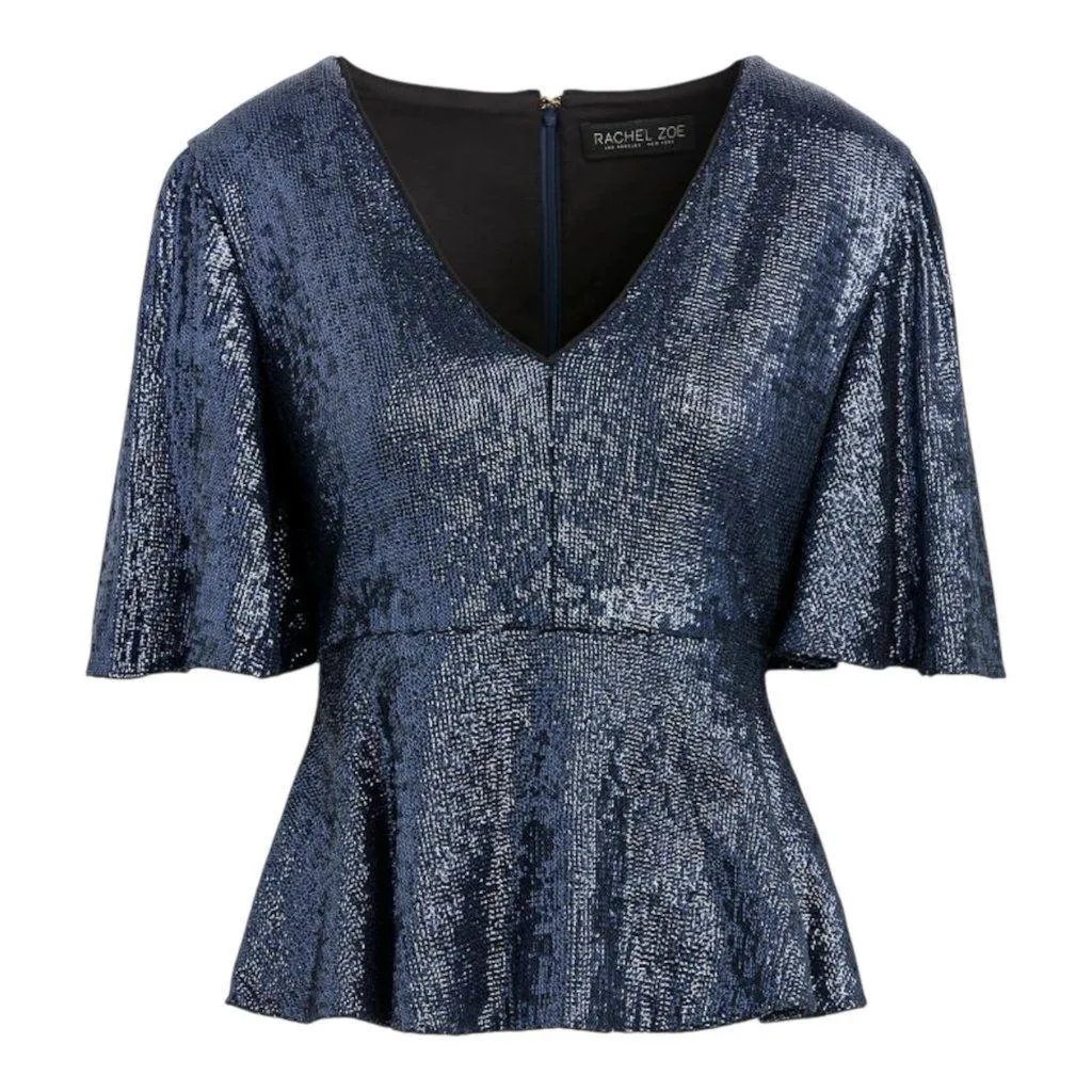 Rachel Zoe Clover Baby Doll Sequin Blouse Top Size 6 Navy Blue V-Neck NWT - Image 2