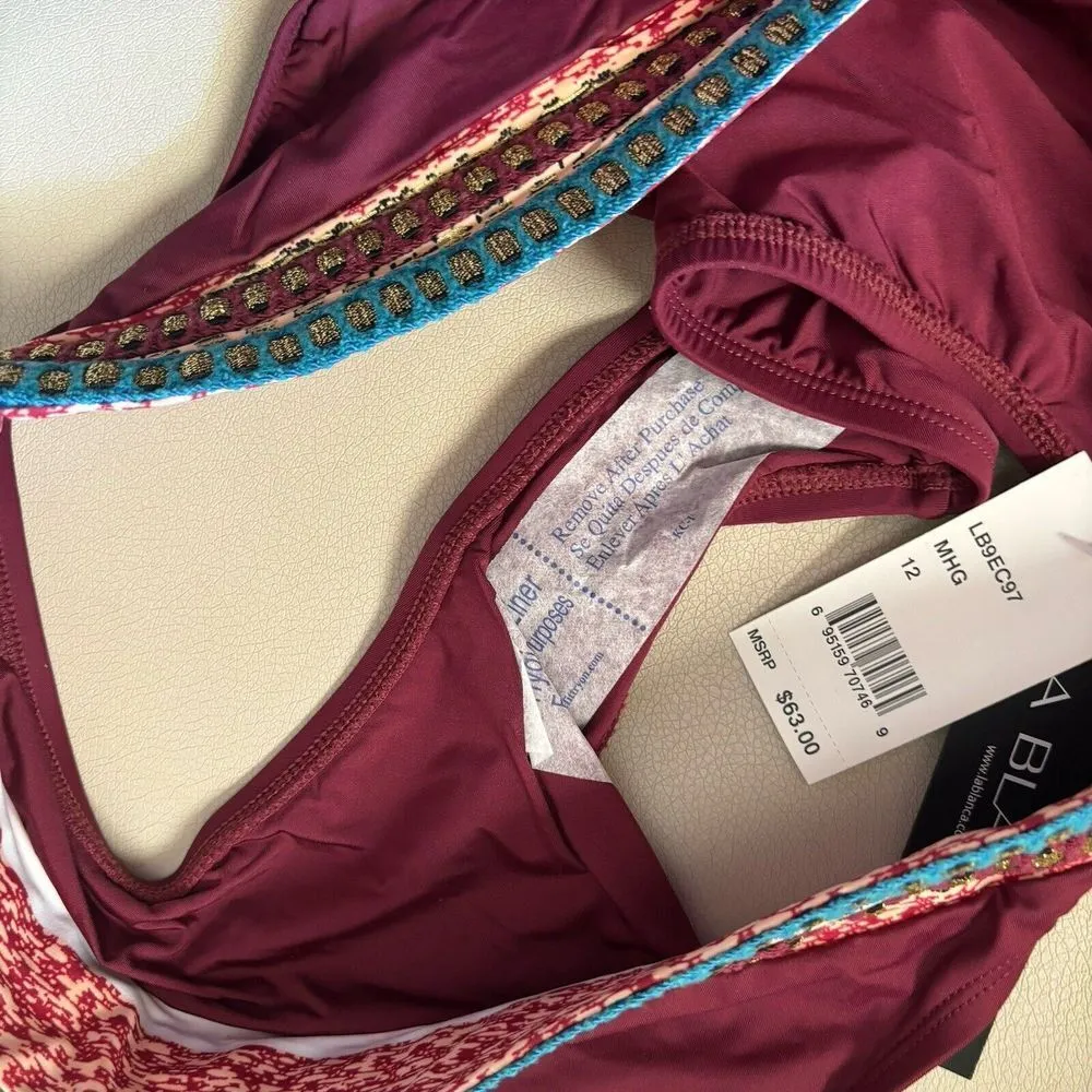 La Blanca Bikini Bottoms Womens 12 Burgundy Boho Running Stitch Hipster Swim - Image 5