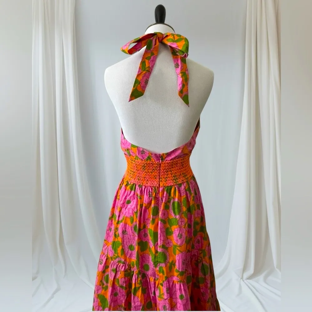 Flora Bea Floral Frasier Cross Halter Backless Flowy Pleated Maxi Dress M Orange Size M - Image 7
