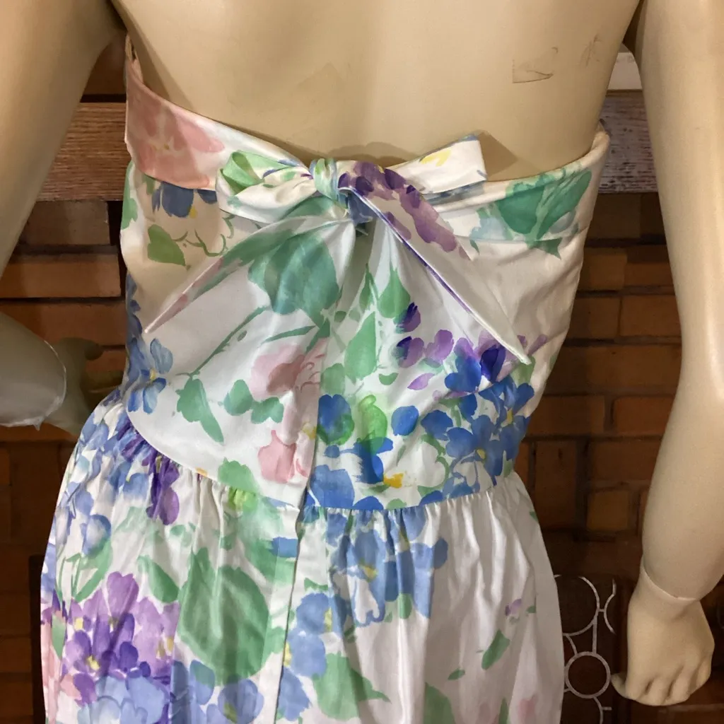 VINTAGE 1980'S BLAIR WOOLVERTON STRAPLESS PASTEL FLORAL PRINT TEA DRESS (12) - Image 10