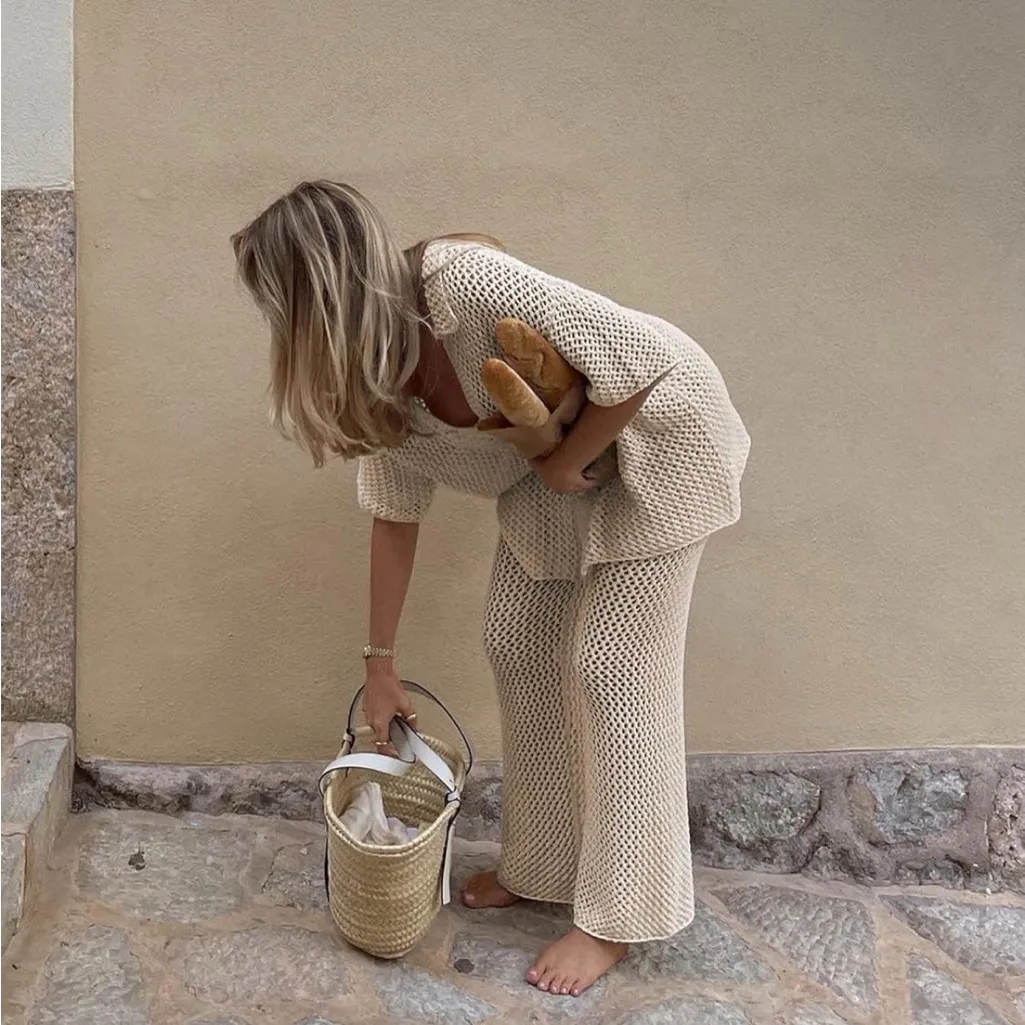 Cream Boho Crochet Knit 2 Piece Beach Lounge Set Tan Size L - Image 4