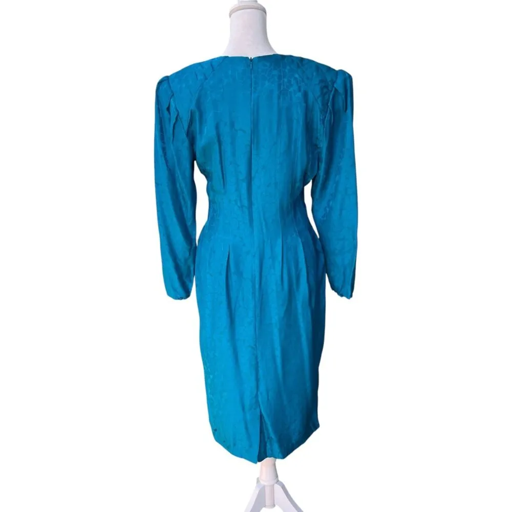 Vintage 1980s Argenti Petites 100% Silk Midi Dress Long Sleeve Teal Geo Size 6 Blue - Image 2