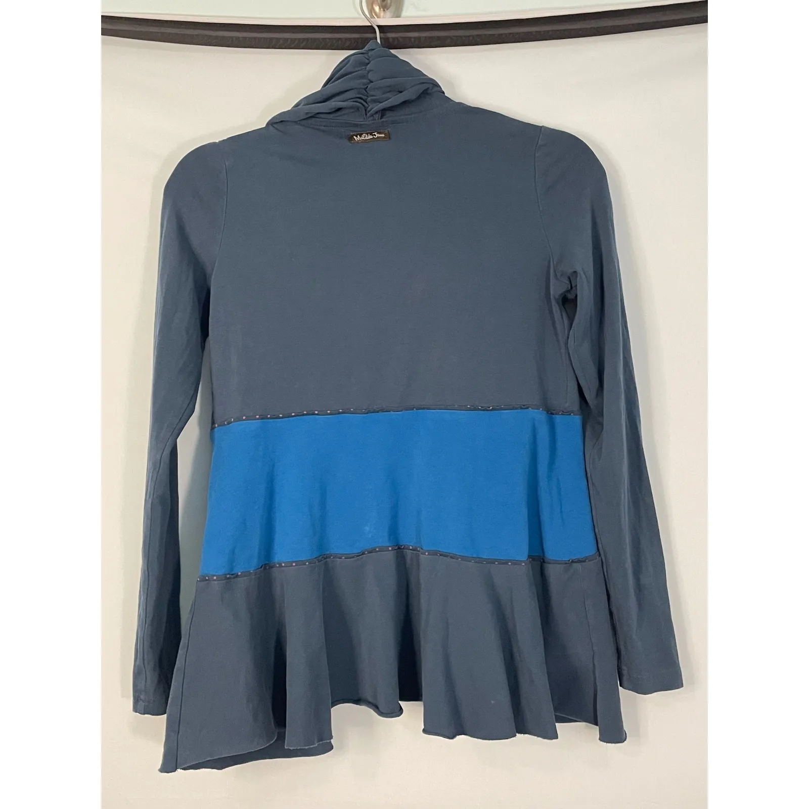 Matilda Jane XS Blue Gray Patchwork‎ Cardigan Draped Front Long Sleeve - Image 7