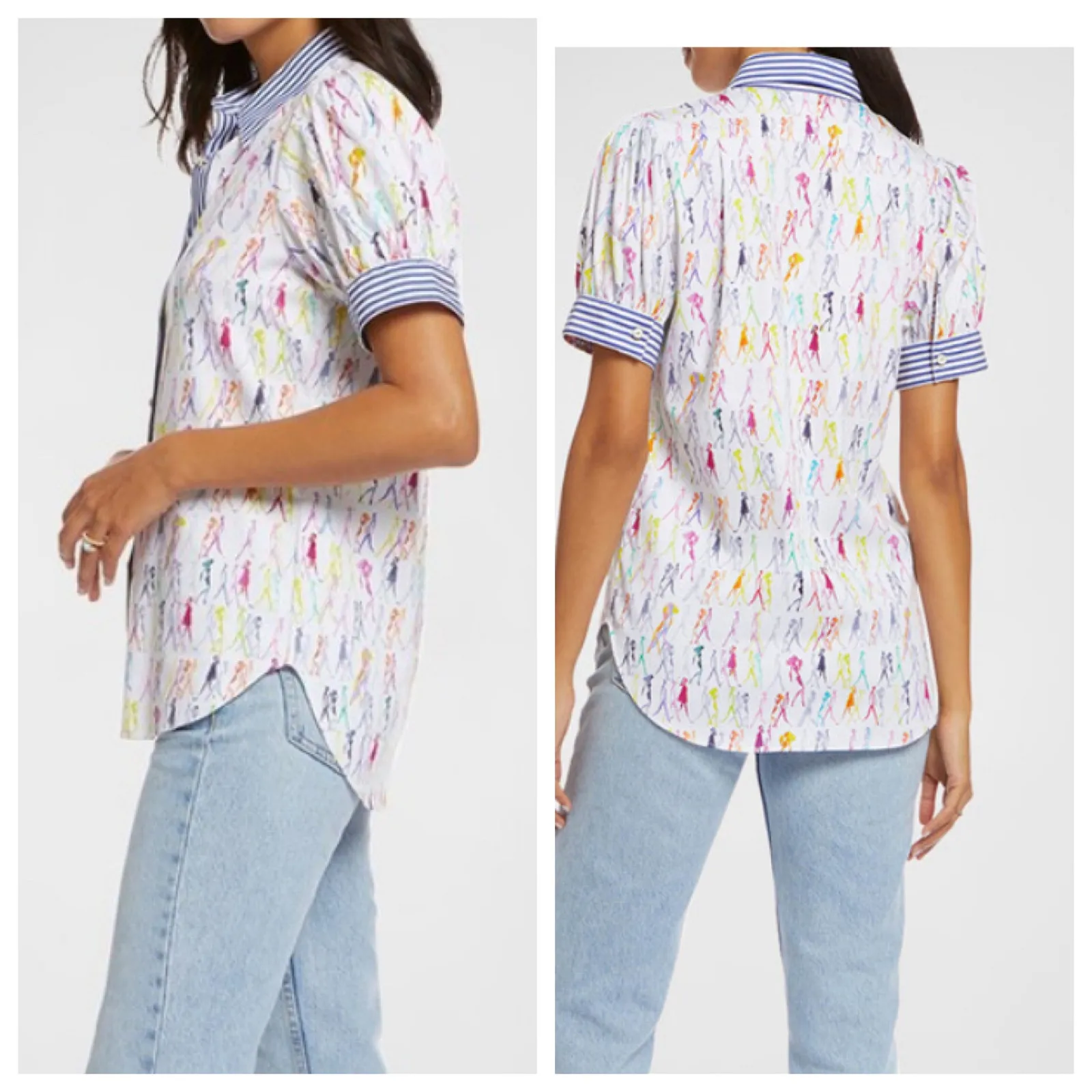 Robert Graham Blouse White Cotton Short Puff Sleeve Button Front Top - Image 9