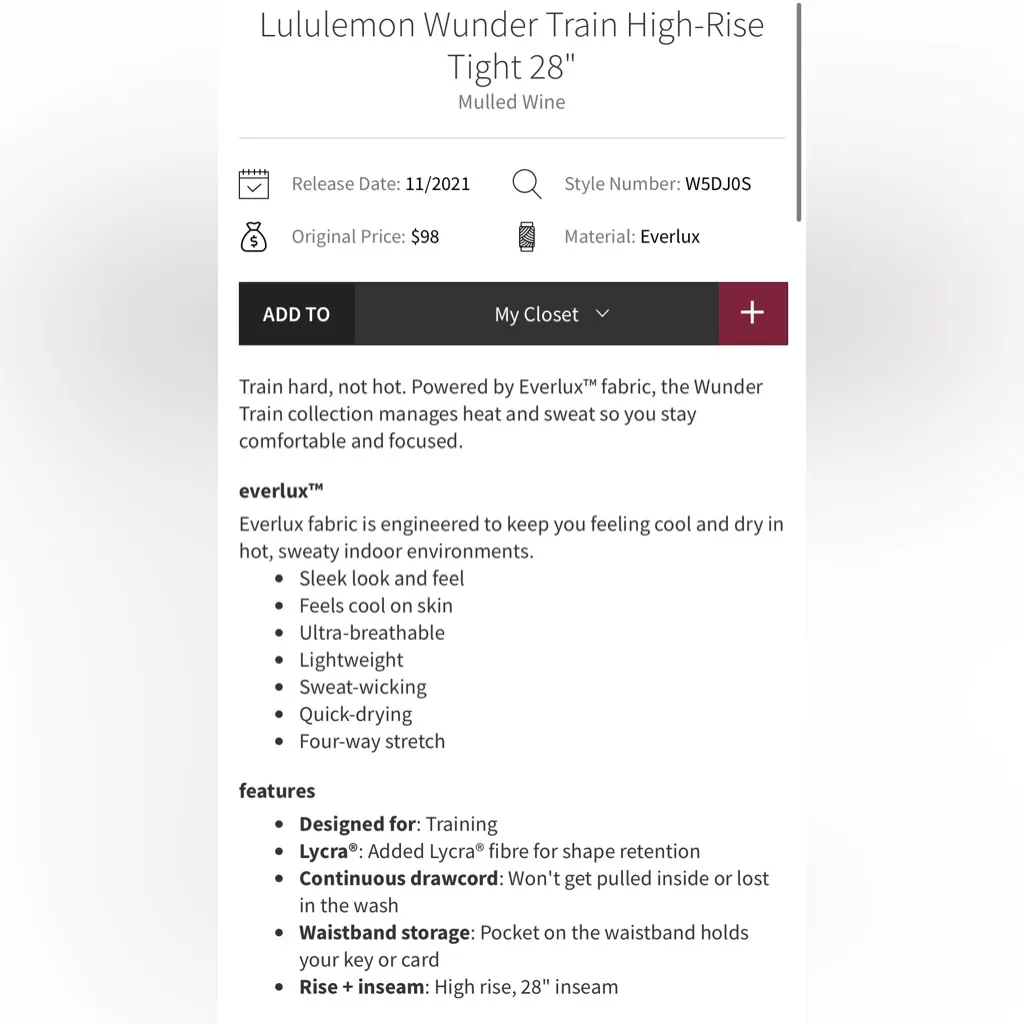 Lululemon Wunder Train High Rise Tights Everlux Wine Color Size 6 - Image 5