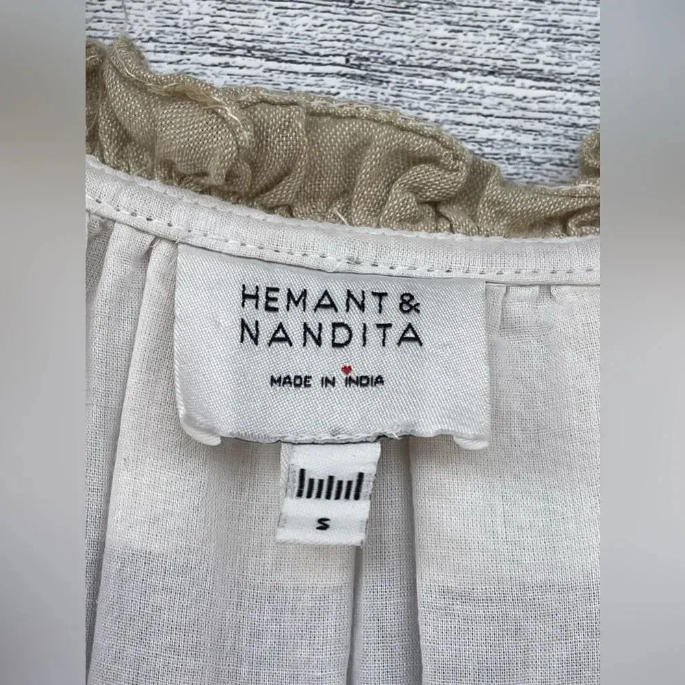 HEMANT & NANDITA Mana Striped Embroidered Cotton Blend Mini Dress small Tan - Image 8