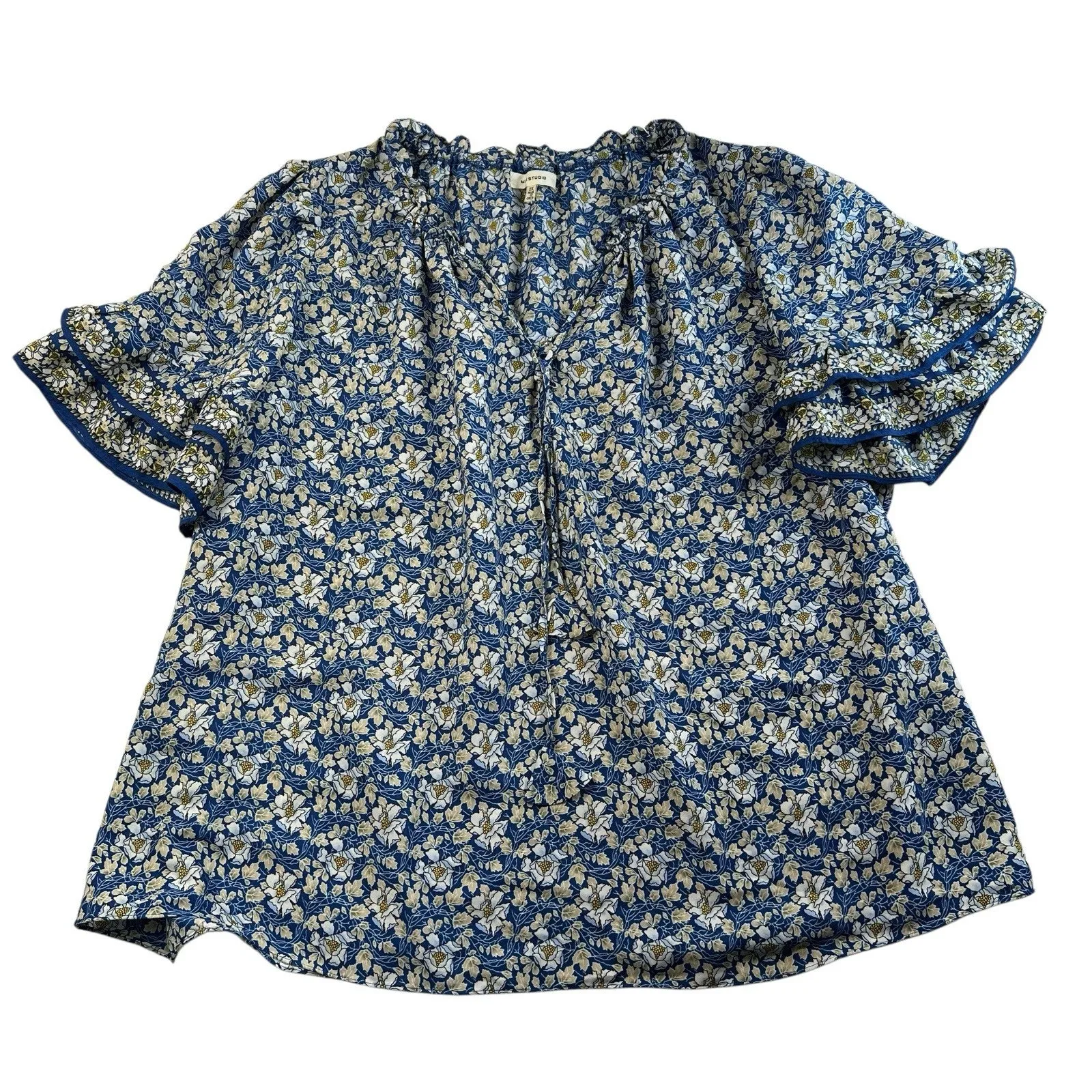 Max Studio Plus 2X Top Elbow Sleeve Ruffle Blouse Blue Floral Peasant Women's - Image 2