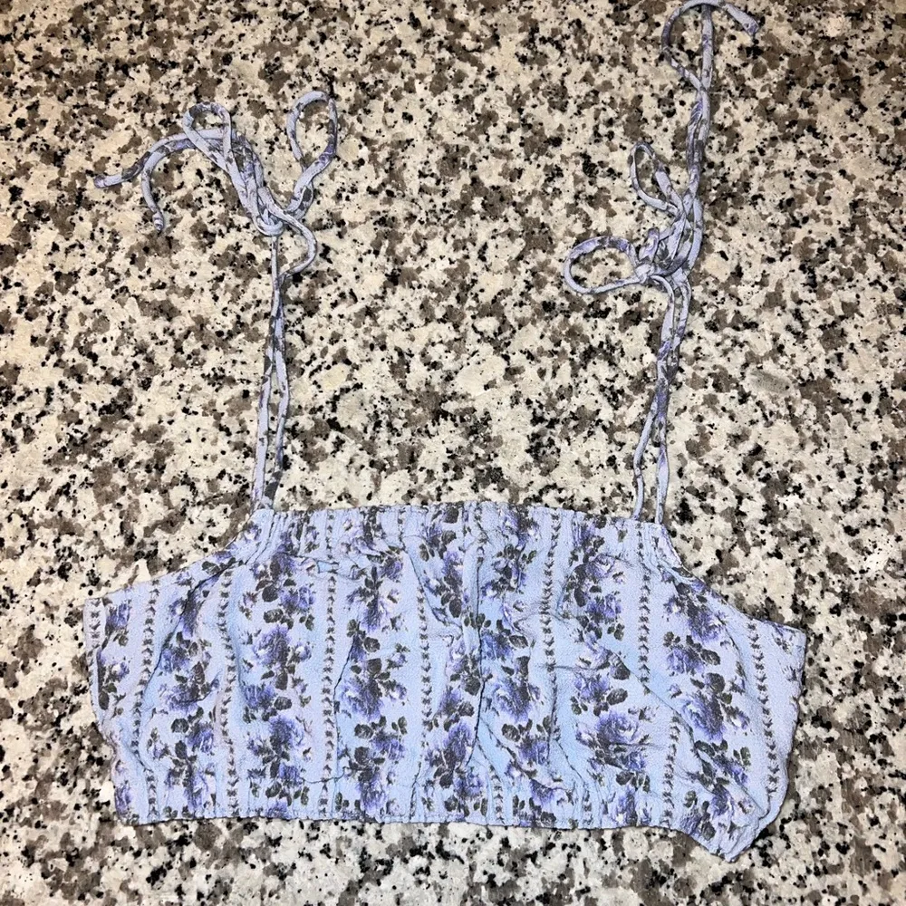 Love Shack Fancy Floral Print Graphic Baby Blue Square Neck Line Crop Tank Top - Image 4