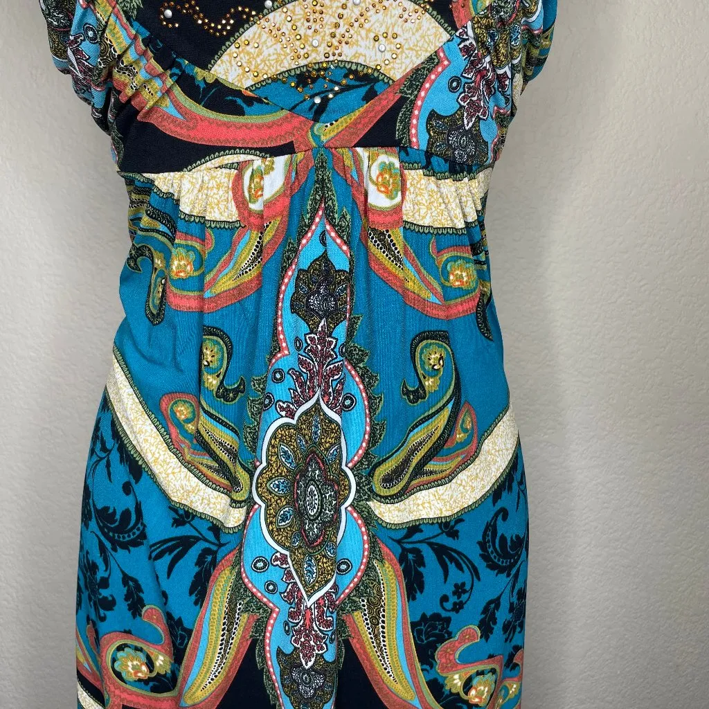 Women's Embellished Multicolor Maxi Dress Boho Dark Paisley Sz Medium - Image 4