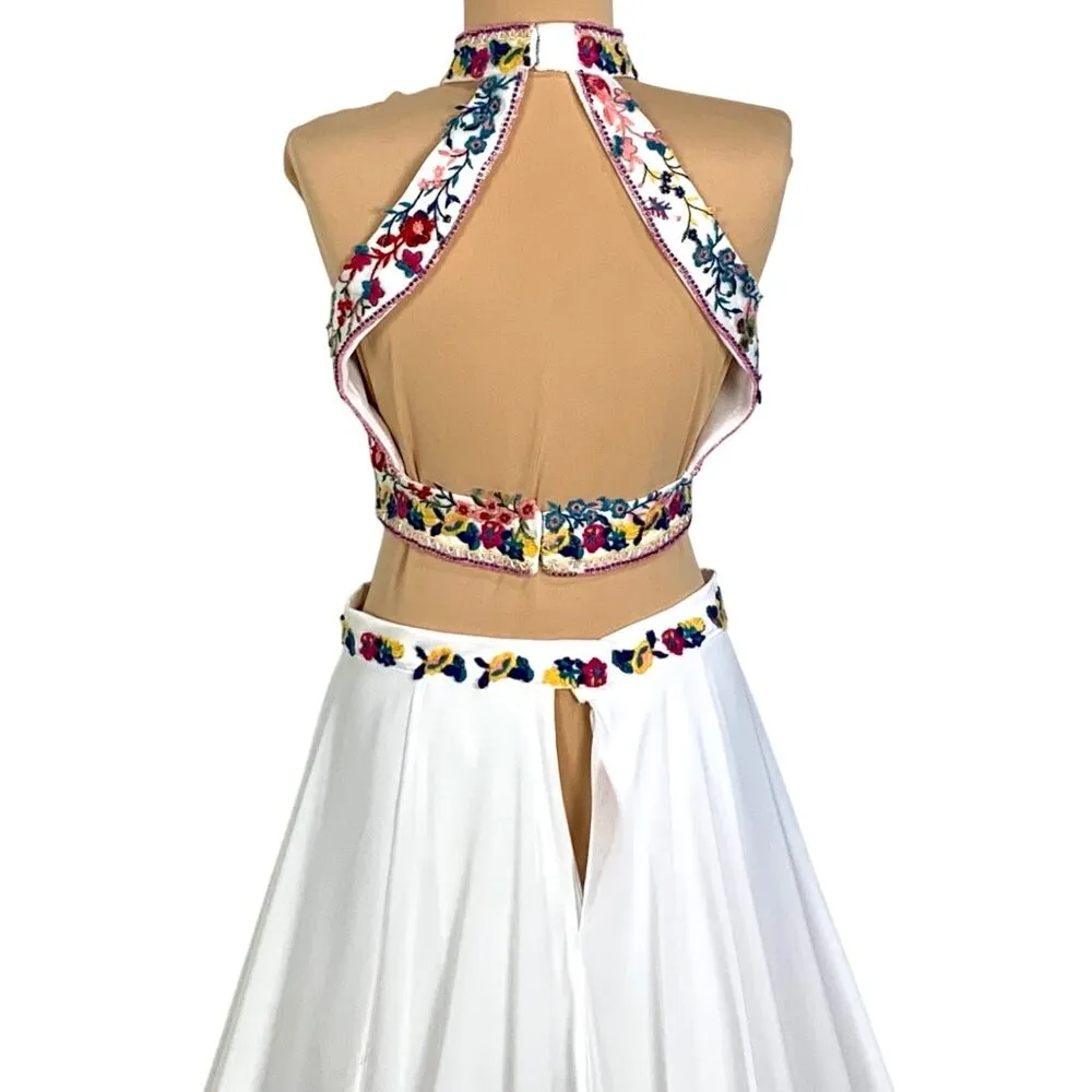 Custom 2PC Set Pageant Floral Embroidered Halter Top White Shorts Chiffon Skirt Size 6 - Image 9
