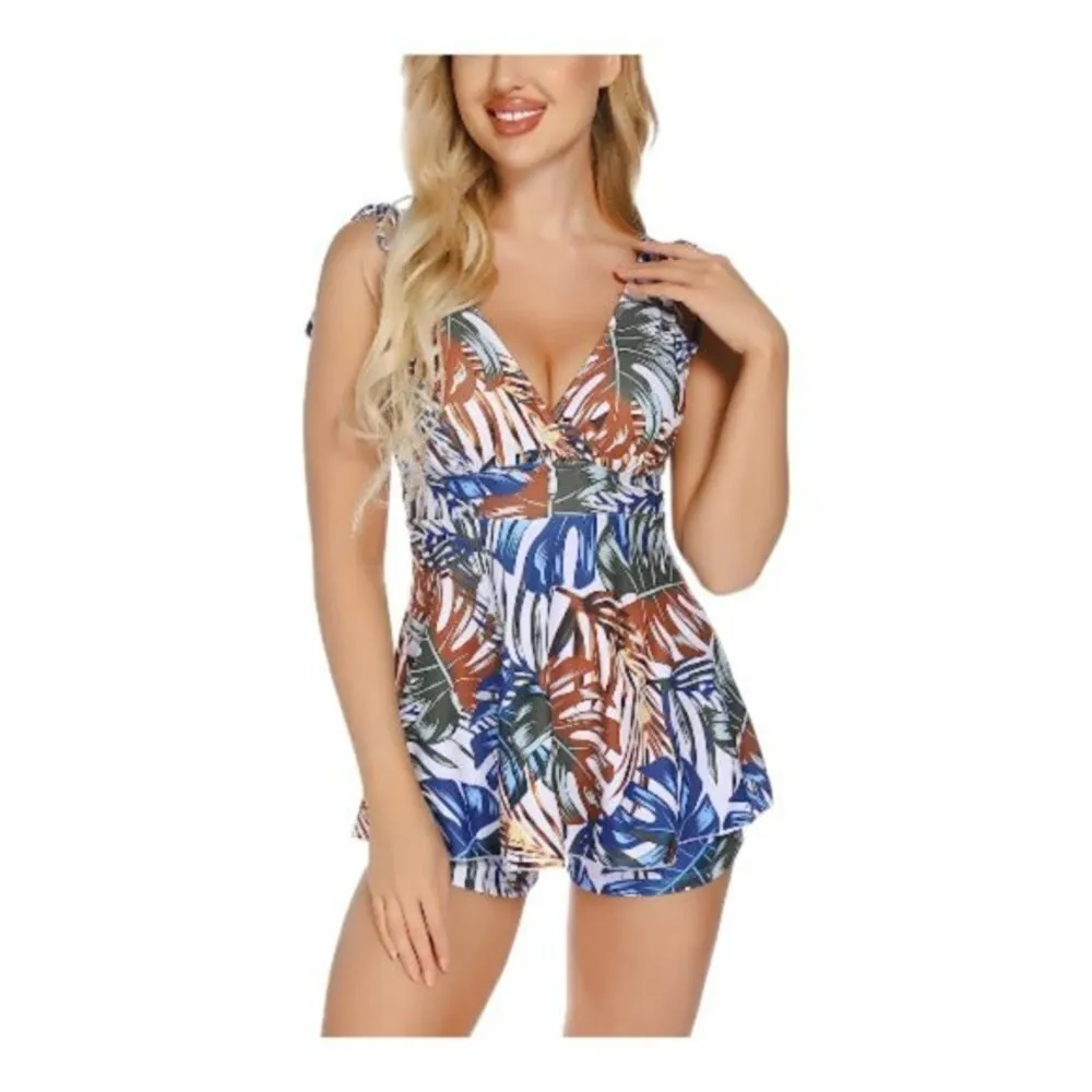 Tankini White Tropical Leaf Boy Shorts Swim Dress Swimsuit Size M/L NWT #7157 - Image 3