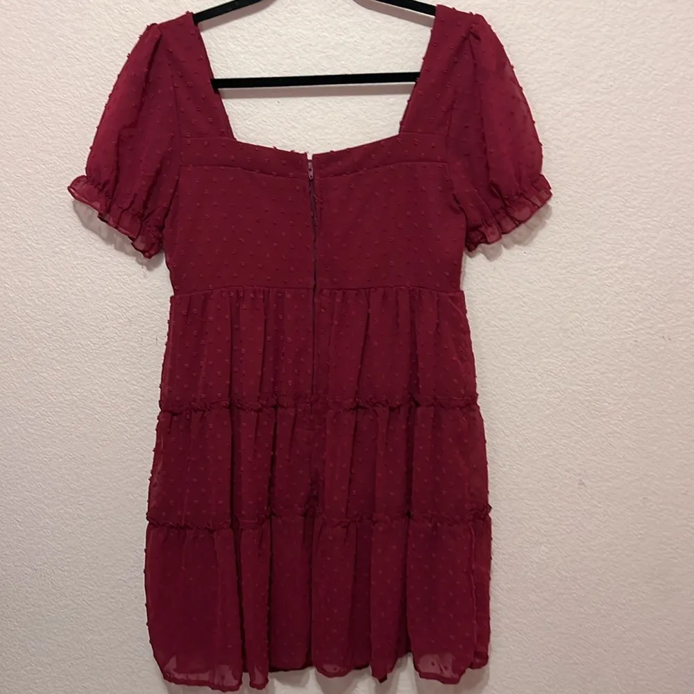 Trixxi Burgundy Puff Sleeve Square Neck Mini Dress With Dot Detailing. Size M - Image 6