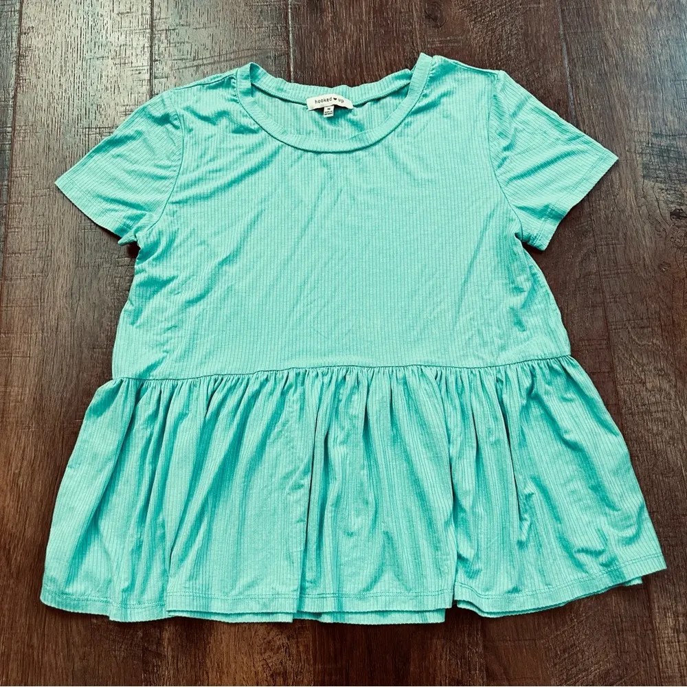 HOOKED UP turquoise teal baby doll top, size M Blue Size M - Image 2