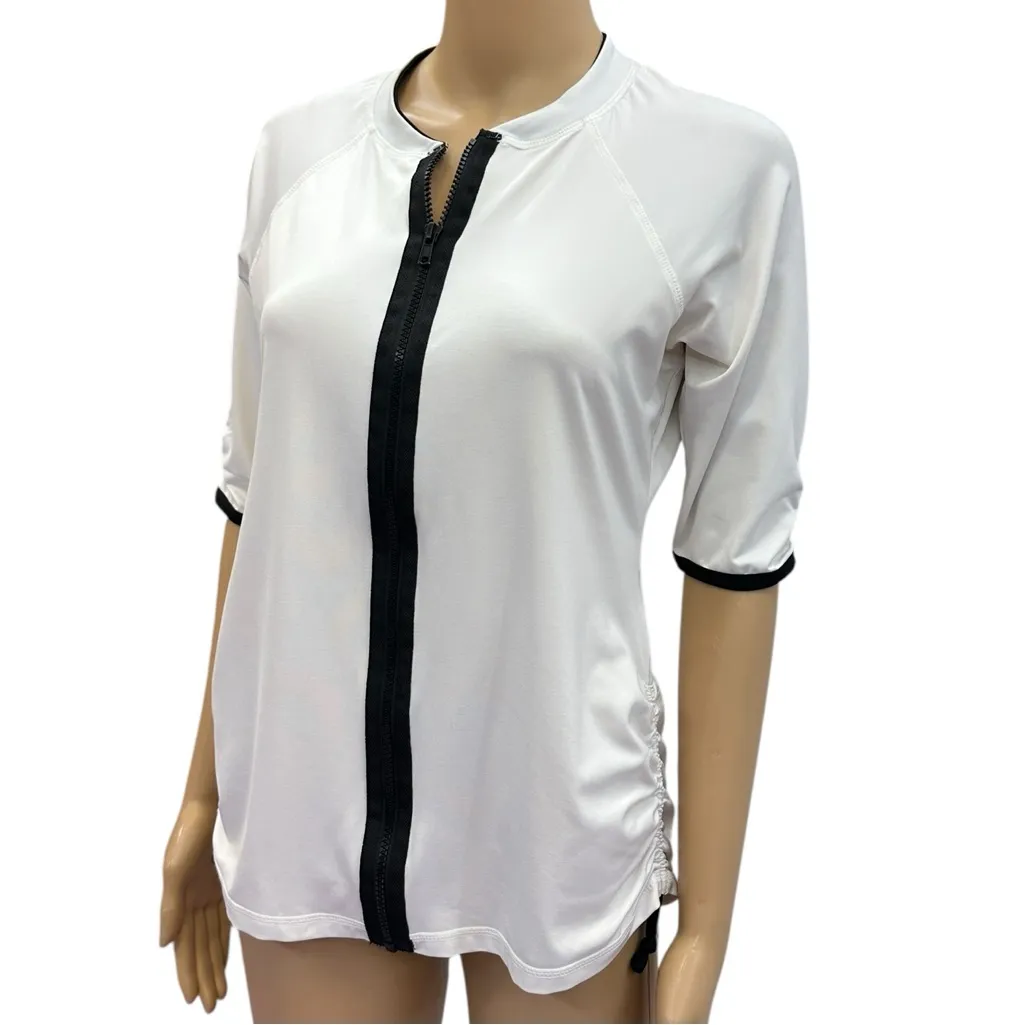 Jag Zip Up Front Half Sleeve Ruched Crew Neck Top White Black Womens Medium - Image 3