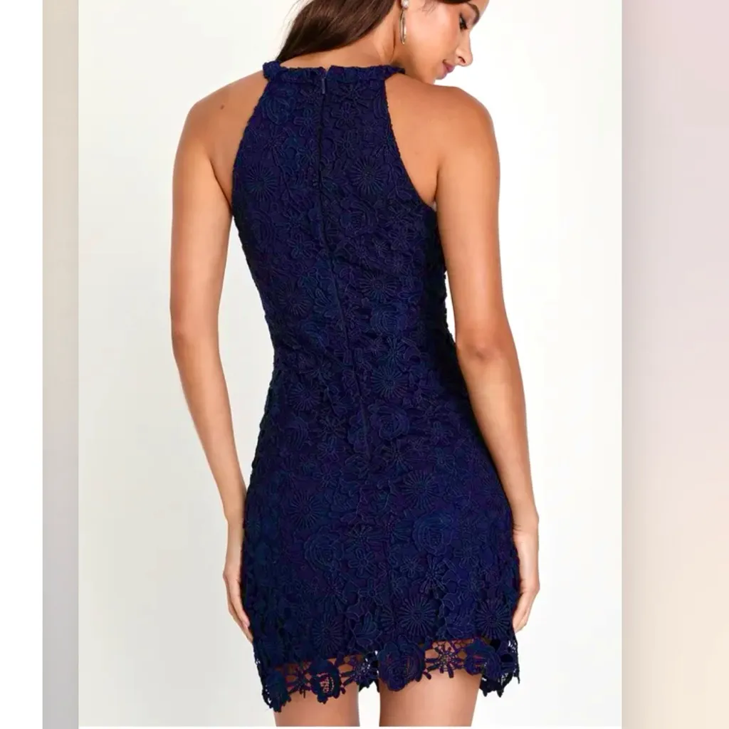 Lulus Love Poem Navy Blue Halter Neck Crochet Lace Bodycon Mini Dress Size LARGE - Image 4