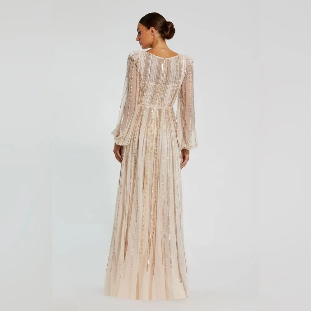 MAC DUGGAL 94081 Pink Boat Neck Long Sleeve Gown With Striped Beading - Image 6