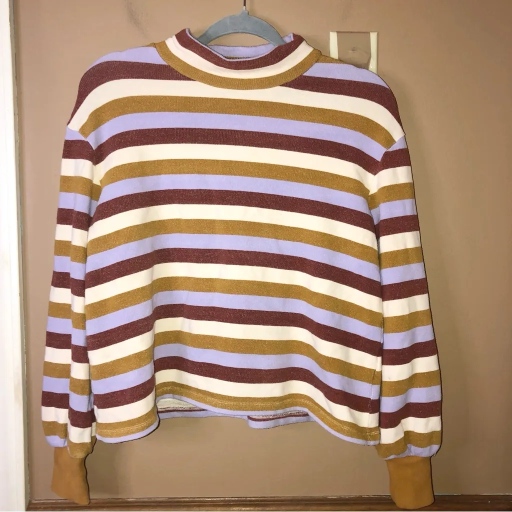 Madewell‎ Miles Mockneck Bubble-Sleeve Sweatshirt in Stripe brown purple XS - Image 2