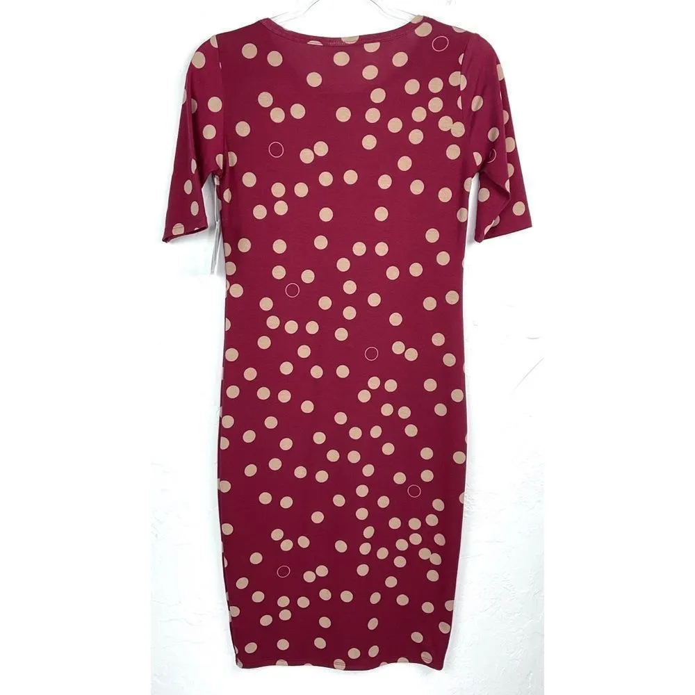 LuLaRoe  Julia Dark Red Tan Polka Dot Short Sleeve Sheath Dress XS NWT - Image 3
