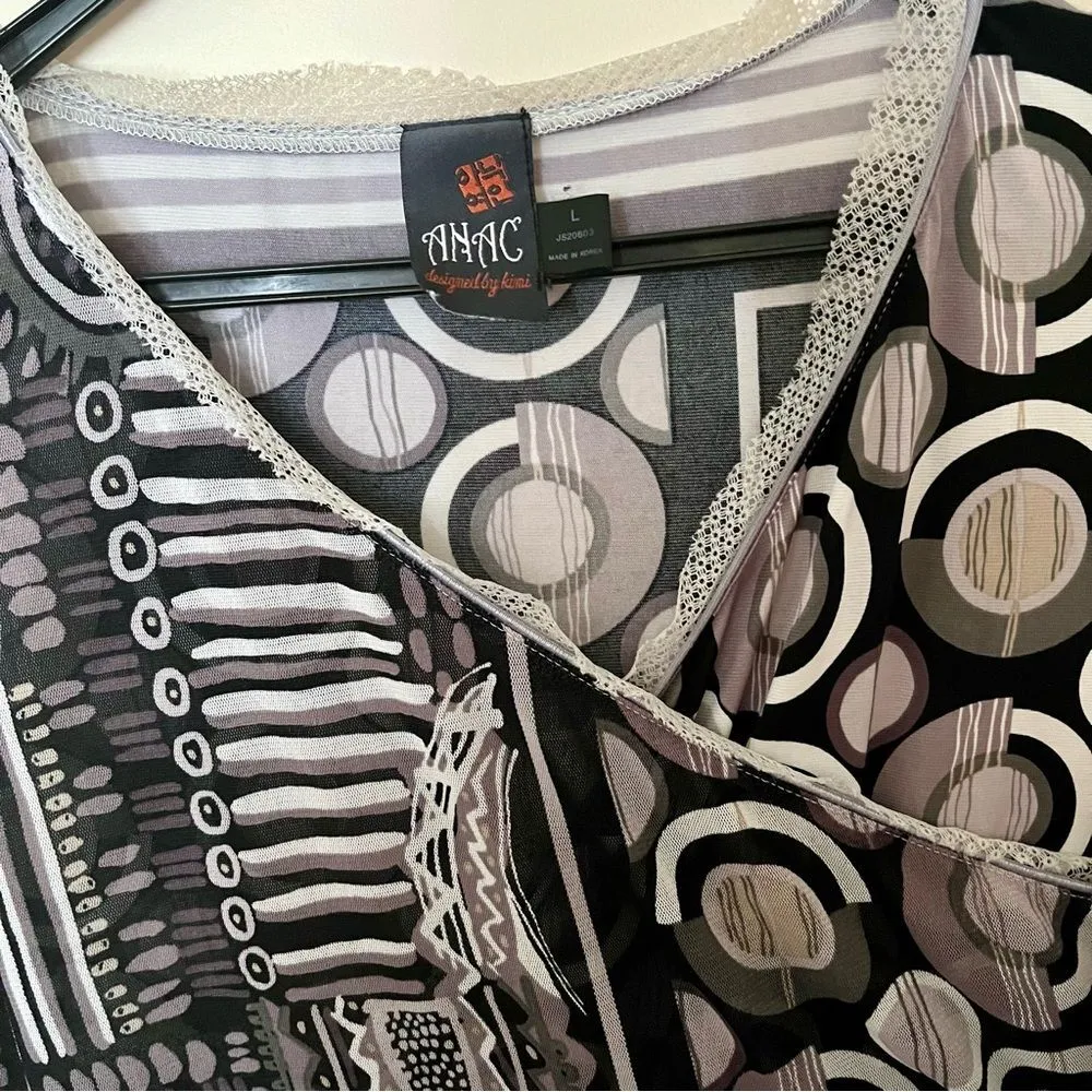 ANAC by Kimi Vintage Y2K Mixed Print Mesh Surplice Top Artsy Art to Wear Sheer L Black Size L - Image 2