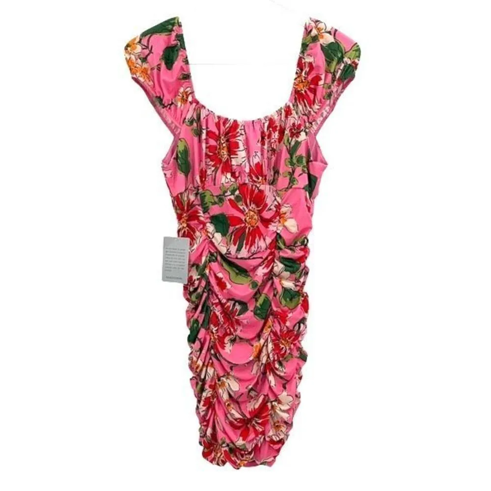 19 Cooper Bodycon Ruched‎ Puff Sleeve Pink Floral Mini Dress. Size Small NWT - Image 3