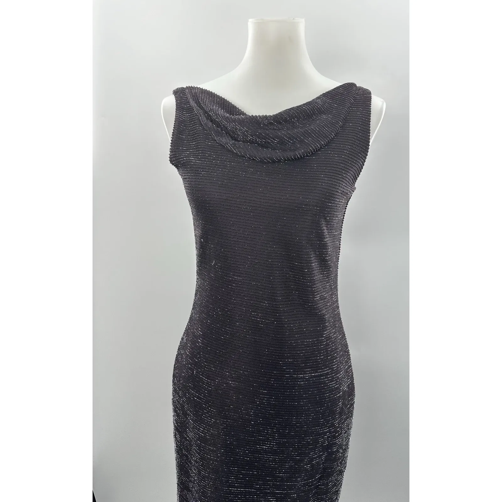 Vintage Trio New York Dark Purple Metallic Ribbed Sheath Dress Cowl Neck USA 6 - Image 3