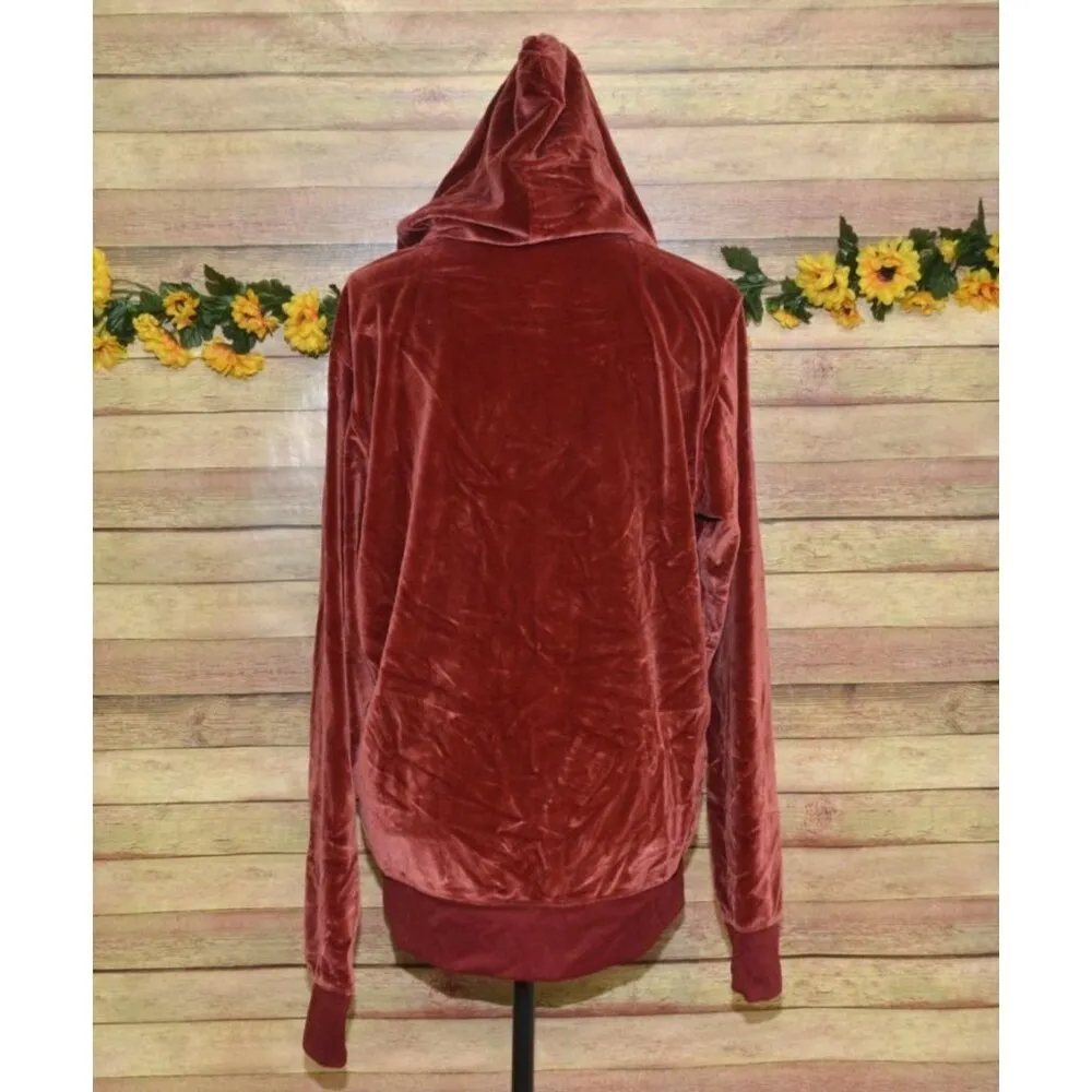 True Religion Ladies Burgundy Red Velvet Zip Up Hoodie Size XL Logo Casual Warm - Image 9