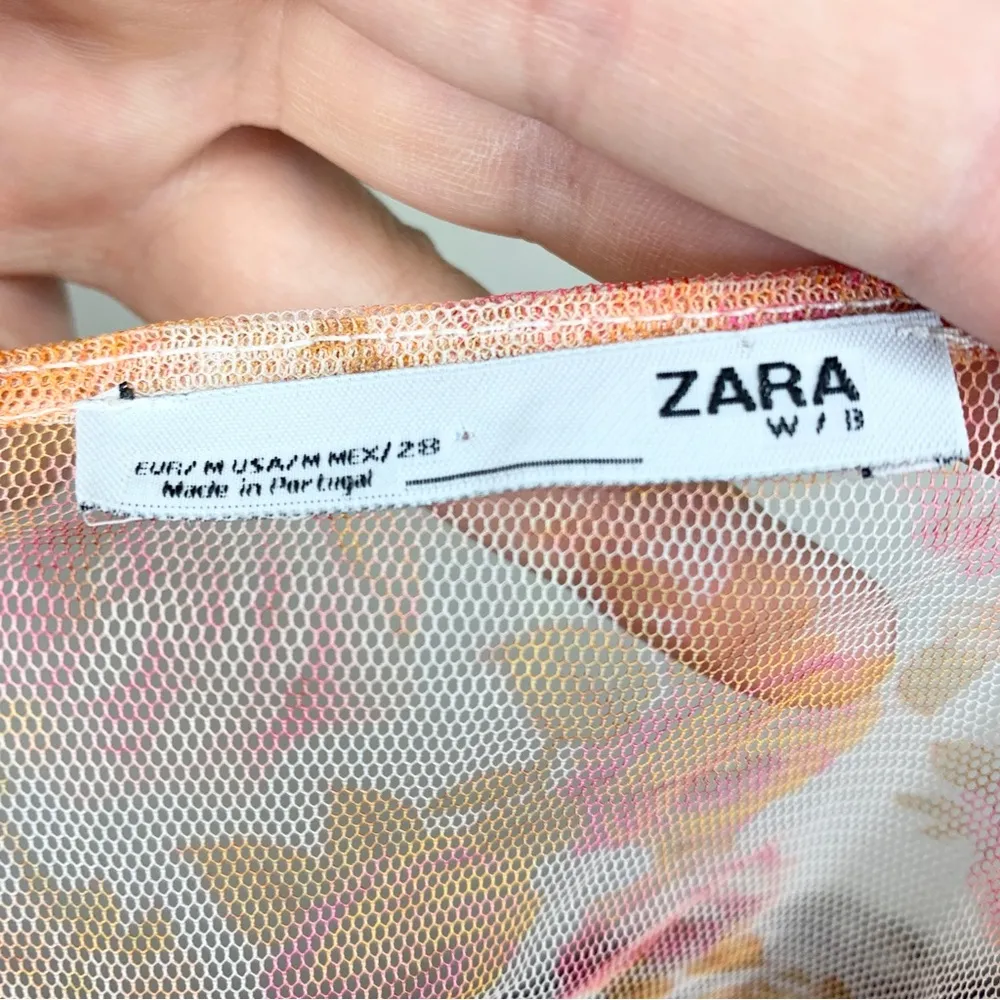 Zara Floral Sheer Mesh Tulle Ruched Long Sleeve Shirt Size M - Image 7