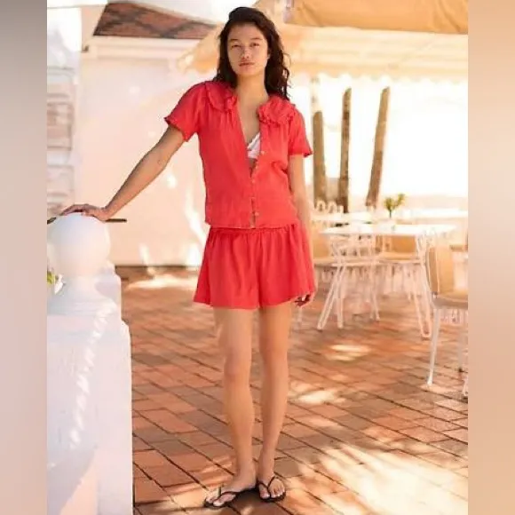 NEW Set! Free People FREE-EST Lovesick M Smocked Shorts Top Vibrant Coral Red - Image 4