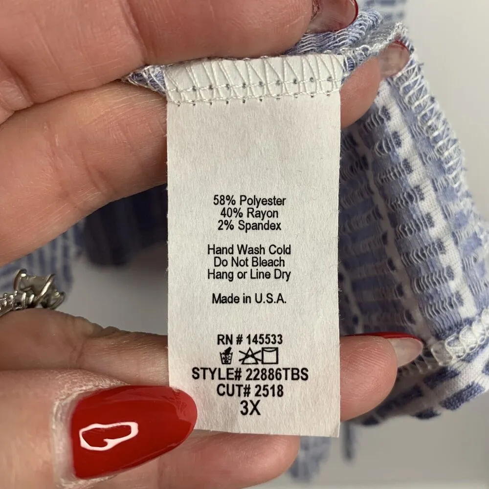 W5 Size 3X Blouse Top Blue White Short Cap Sleeve Scoop Neck Front Tie Women’s - Image 7