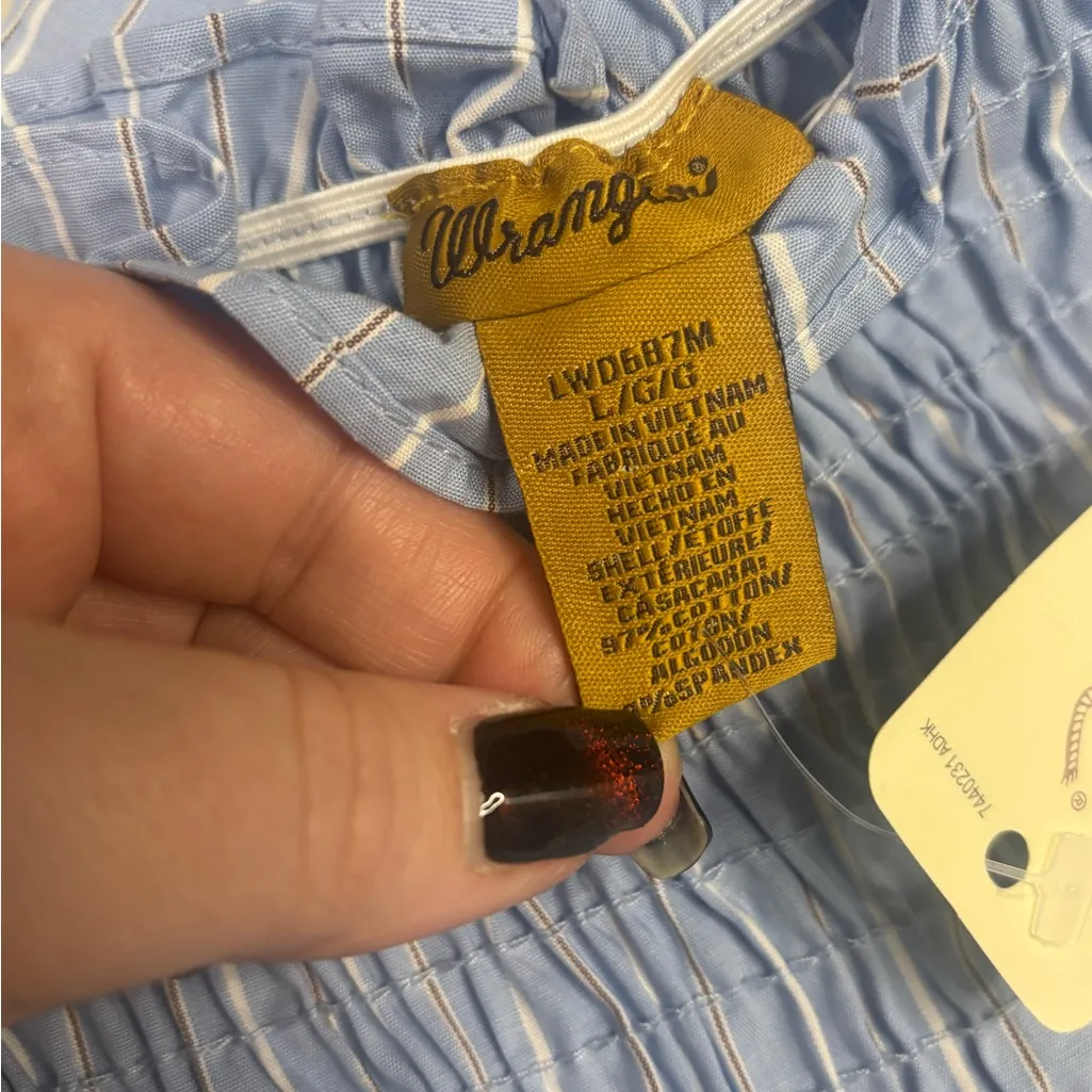 Wrangler Blue Striped Smocked Peasant Dress Off Shoulder Bell Sleeves Size Large - Image 7