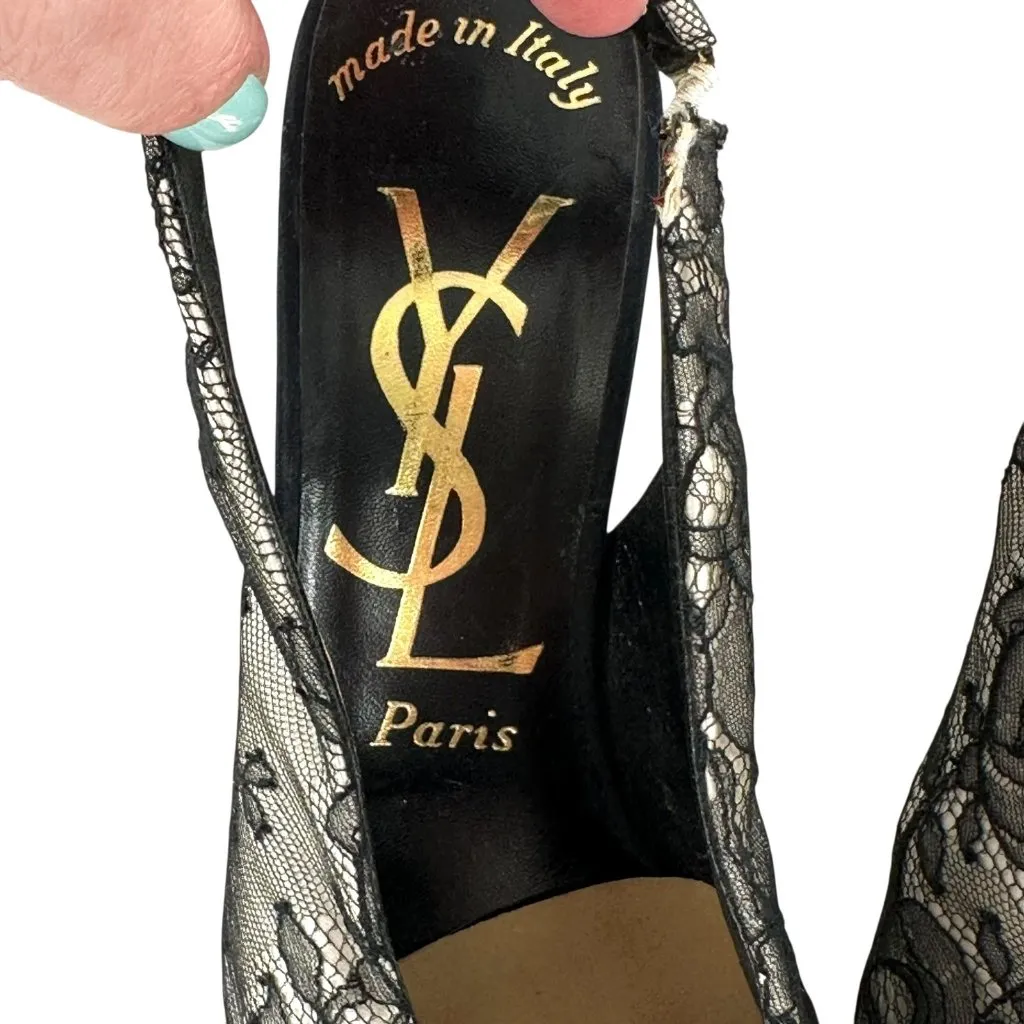 Vintage YSL Black Lace Slingback Pumps Size 7.5 Yves St Laurent - Image 7