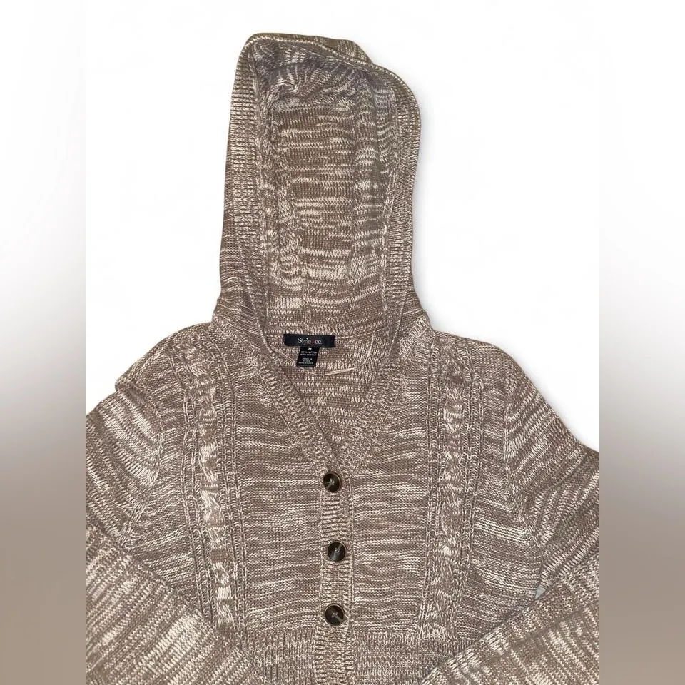 Brown knitted button up babydoll style sweater dress with hood - Image 4