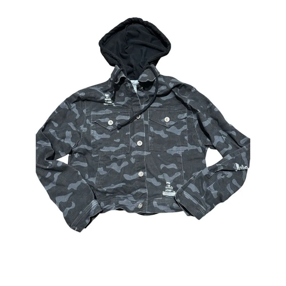 Celestial Bodiez cropped camo denim hoodie jacket distressed size medium excelle Black - Image 4