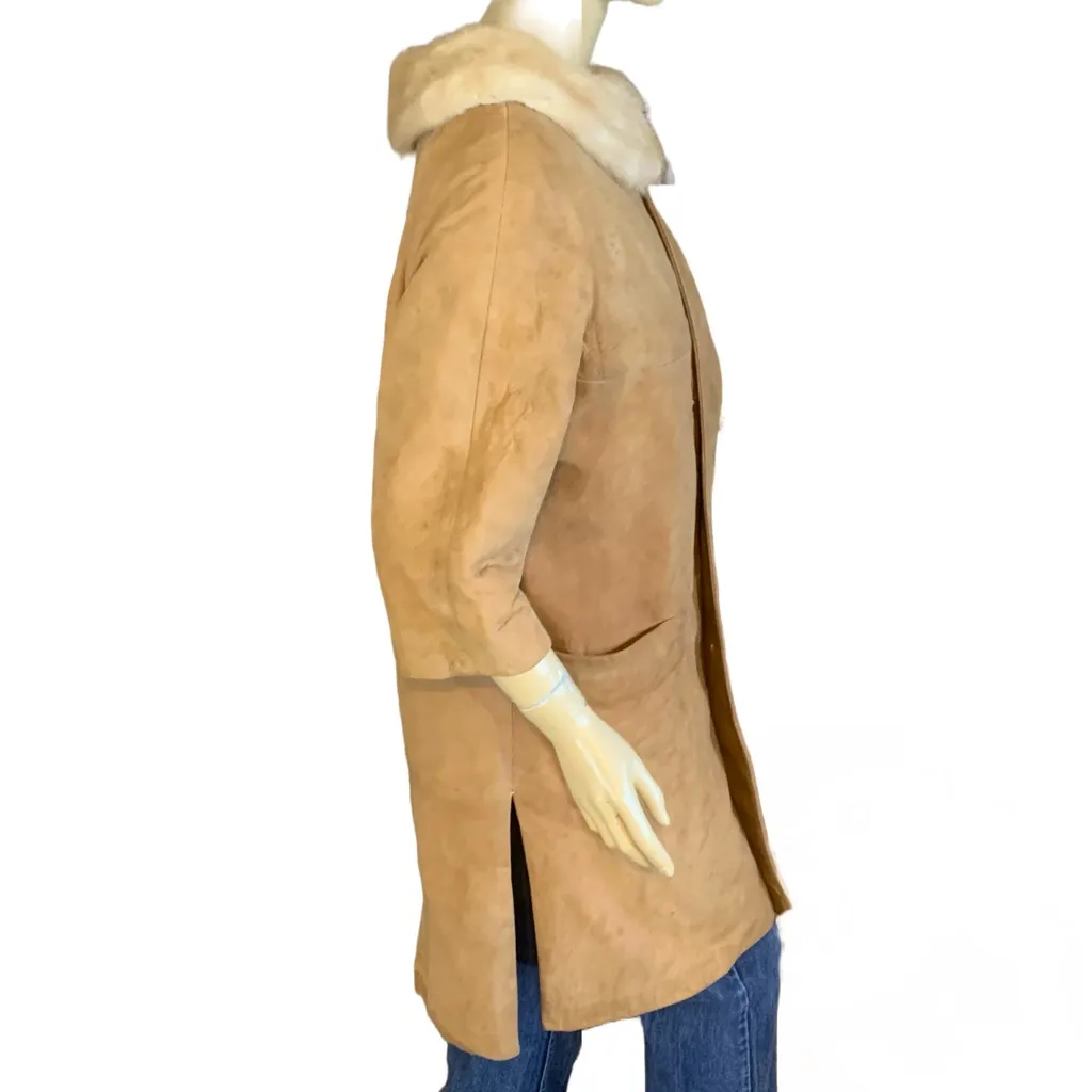 VINTAGE 1970'S BROWN SUEDE W/BLONDE MINK COLLAR SWING COAT (M) Size M - Image 6