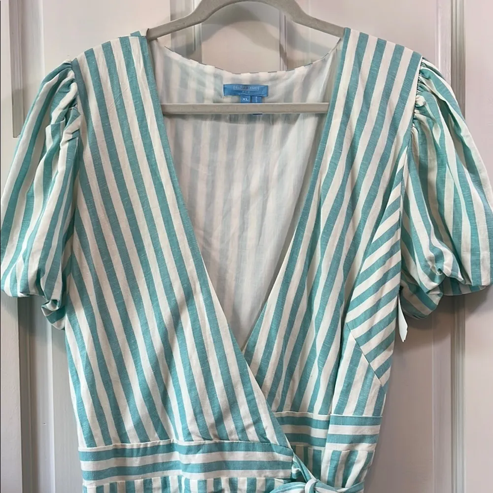 NWT Draper James Teal and White Puff Sleeve True Wrap Linen Mini Dress - Size XL - Image 4