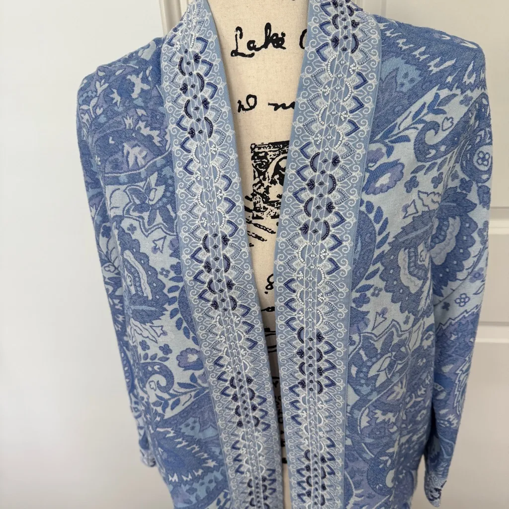 Soft Surroundings jacket Blue White Bead Embellished 3/4 Sleeve small - Image 6