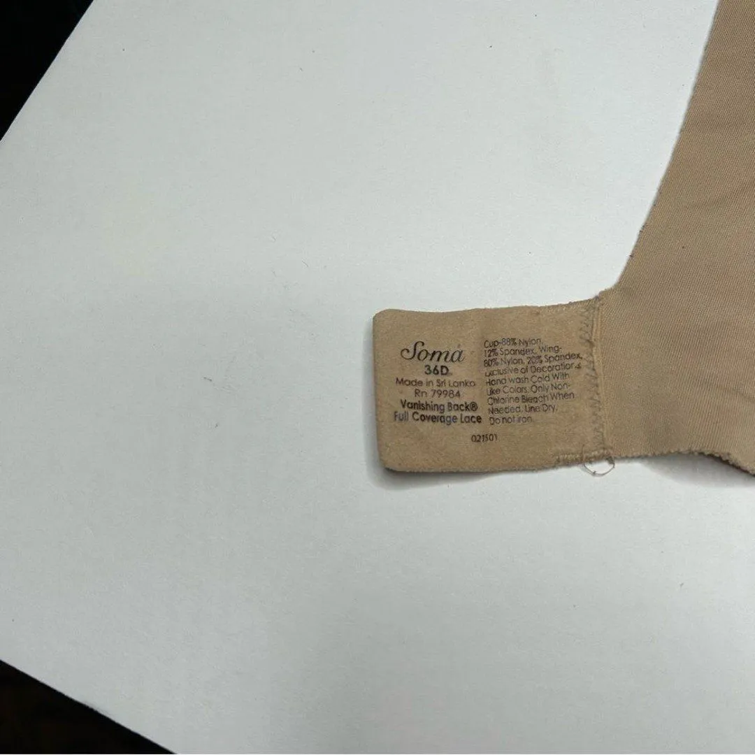 Soma Tan vanishing back Full-Coverage Underwire Bra lace Floral Pattern 36D - Image 5