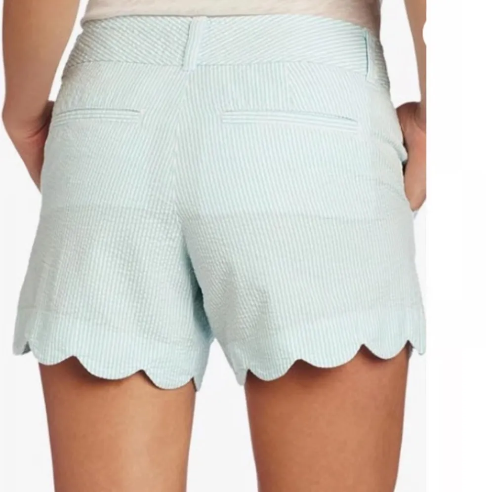 Lilly Pulitzer | Scallop Hem Seersucker Striped Baby Blue White Shorts, Size 8 - Image 2