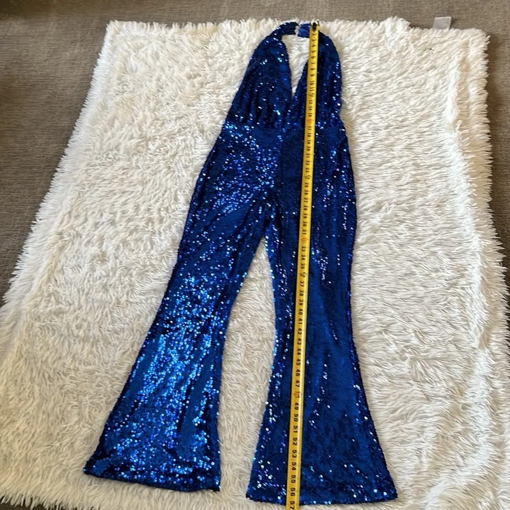 NEW NASTY GAL Womens Petite Sequin Halter Neck Flared Jumpsuit Royal blue size 6 - Image 4
