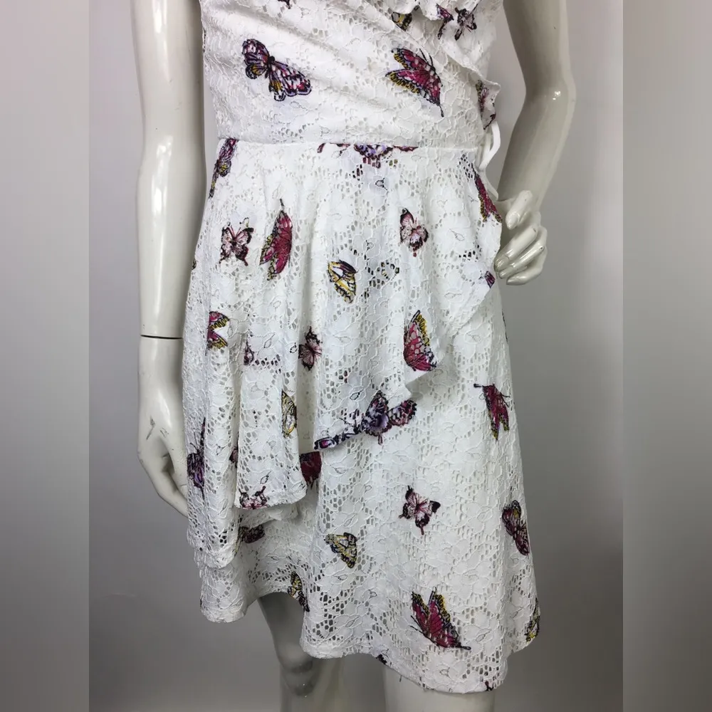 Love, fire Butterfly Print Faux Wrap Lace Mini Dress S - Image 13