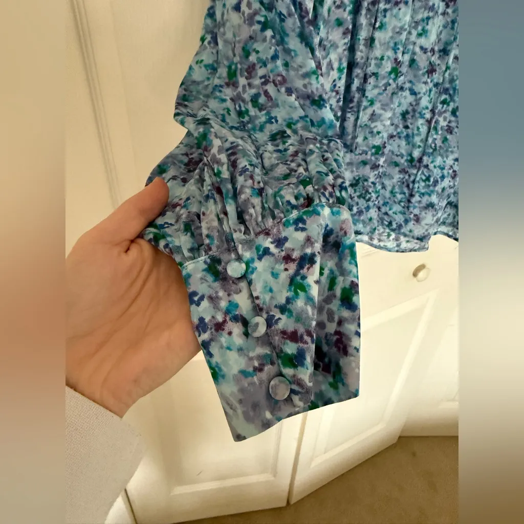 Suncoo Paris Lila Top Blue Floral Long Sleeve Blouse Neck Tie Size Large - Image 5