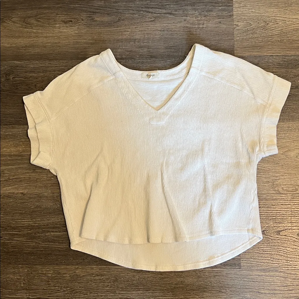 Madewell  Cotton Ottoman Jacquard V-Neck Boxy
Ribbed Crop Top in Bright Ivory XL - Image 2
