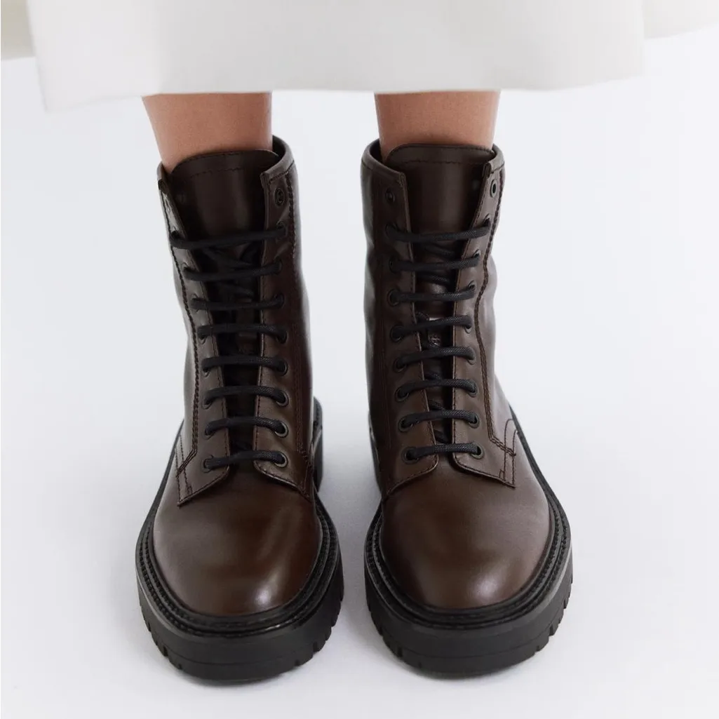 Zara Brown Lace Up Platform Ankle Size EU 39 US 8 Combat Biker Lug Chunky Boots - Image 3