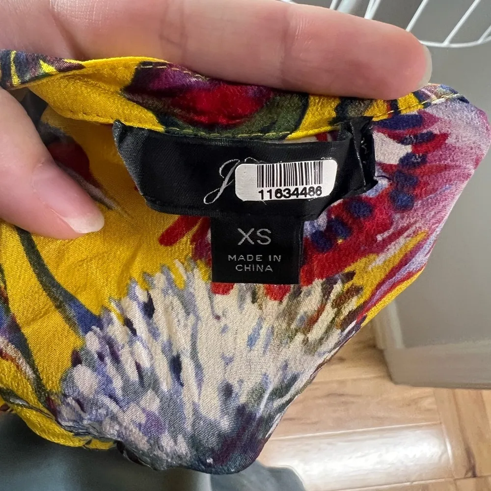 J Crew 100% Silk Autumn Color Pleated Popover Top Blouse Gold Floral Print XS - Image 4