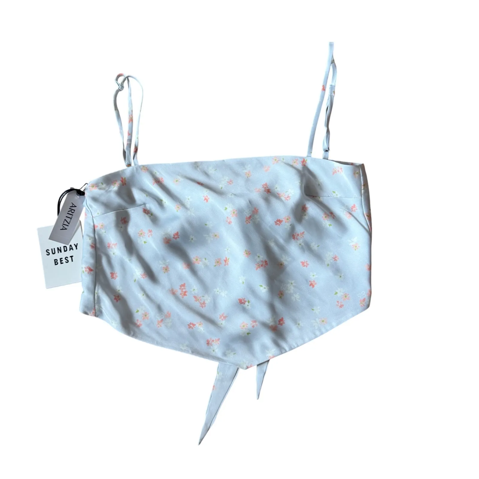 ARITZIA Elektra Camisole Floral Tie Front Crop Top XS Pale Blue - Image 4
