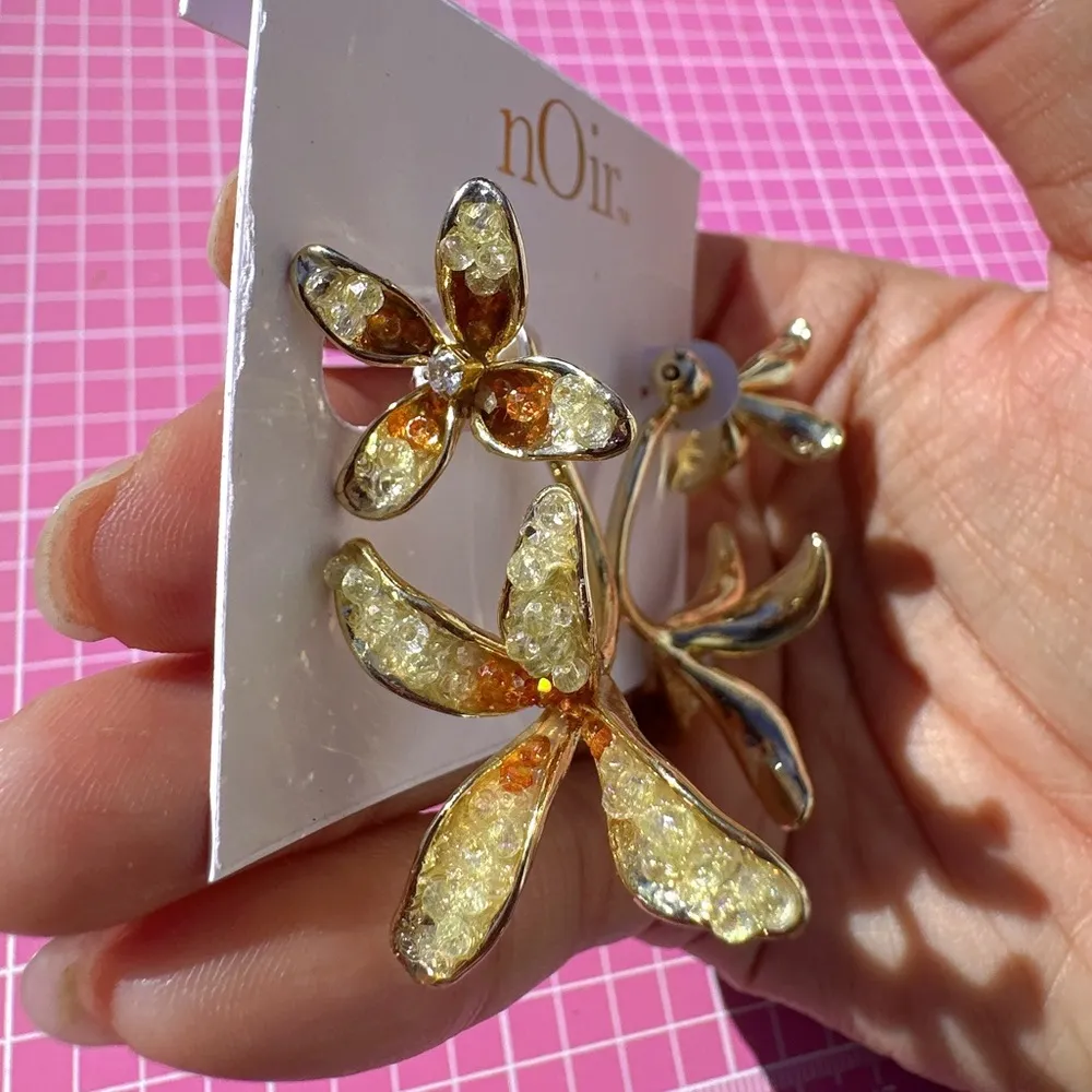 Noir earrings 2pc lock back gold tone orange yellow beads flowers adjustable - Image 3