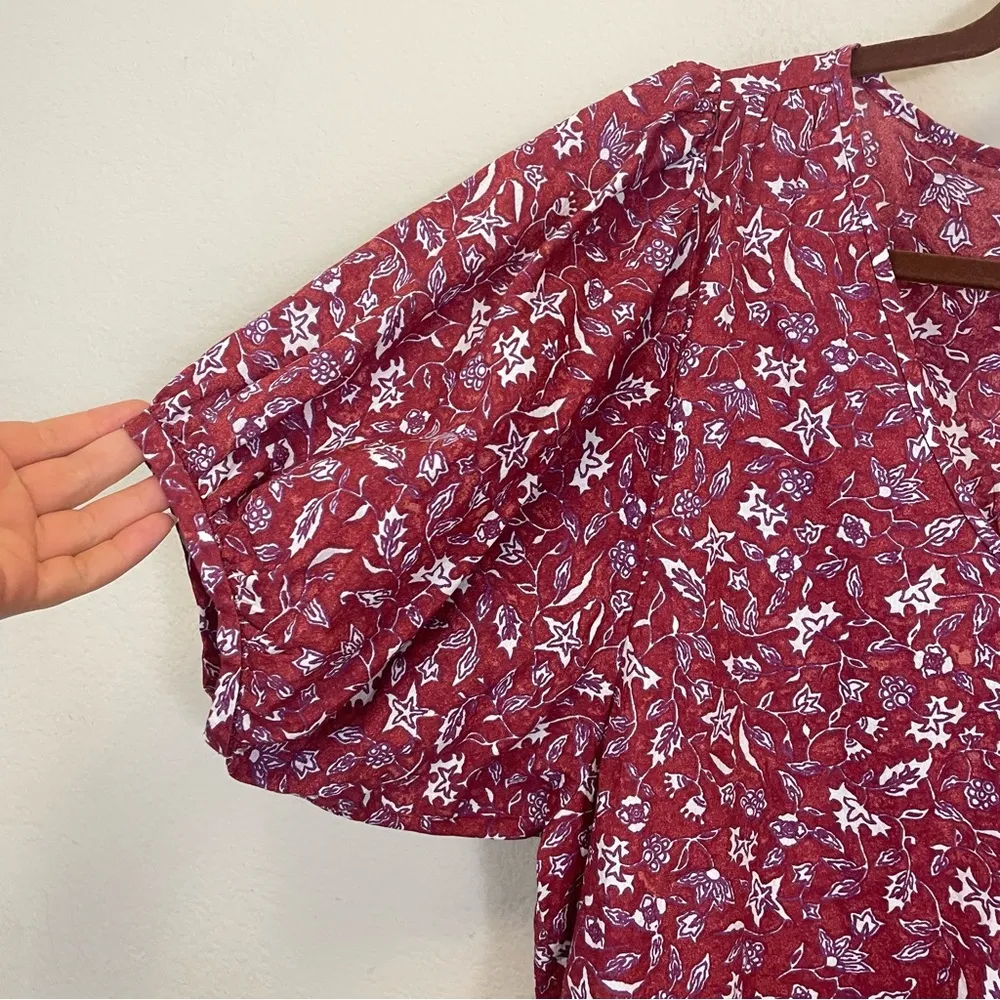 Madewell V neck Puff Sleeve Top In‎ Floral Batik Vine Weathered Brick Size S - Image 4